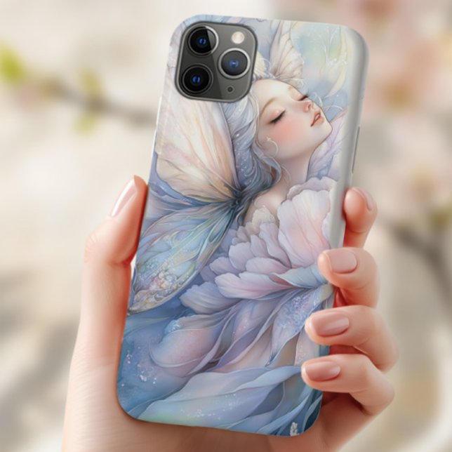 Capa Para iPhone 11 Pro Max Peônia Do Amanhecer (the Iphone 11 pro max with the image of Peony of the Dawn shown in the hand of a young woman)