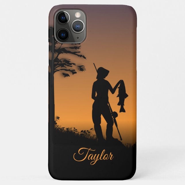 Capa Para iPhone 11 Pro Max Pescador feminino com nome (Verso)