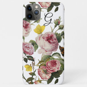 Capa Para iPhone 11 Pro Max PINK ROSES, BORRACHAS, Monograma Floral Branco