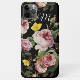 Capa Para iPhone 11 Pro Max PINK ROSES, MANTEIRAS, Monograma Floral Preto