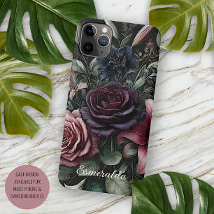 Capa Para iPhone 11 Pro Max Pintura Botânica de Rosa vermelha de Vinho Gótico