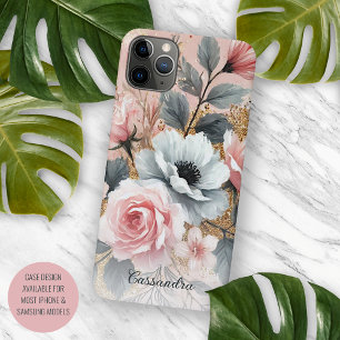Capa Para iPhone 11 Pro Max Pintura Botânica de Rosas Chiques e Elegantes em A
