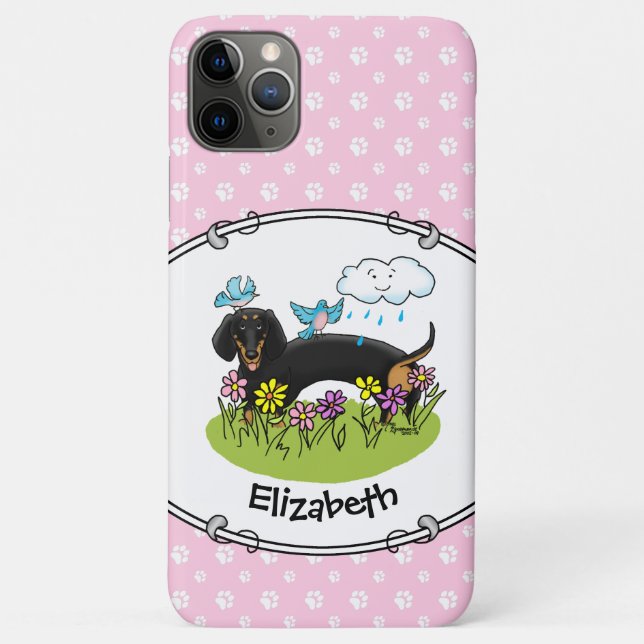 Capa Para iPhone 11 Pro Max Primavera Dachshund (preto e bronzeado) (Verso)