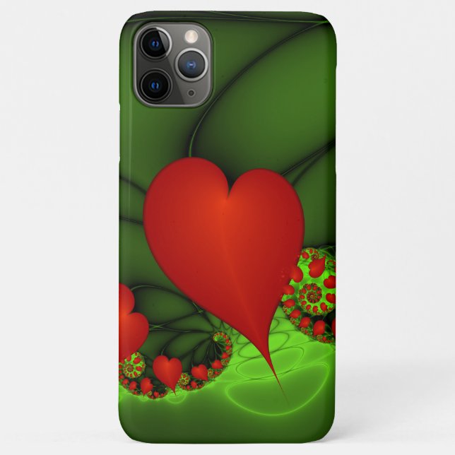 Capa Para iPhone 11 Pro Max Red Hearts Verde limão Arte Fractal Moderna Abstra (Verso)