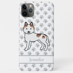 Capa Para iPhone 11 Pro Max Red Piebald Siberian Husky Cartoon Dog & Name