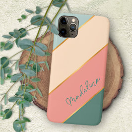 Capa Para iPhone 11 Pro Max Rosa Bege Verde Teal Mint Personalizado Listras