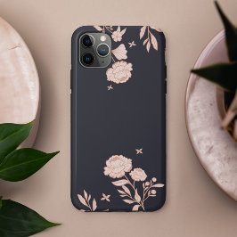 Capa Para iPhone 11 Pro Max Rosa Floral Moderno, Marinho Botânico e Rosa