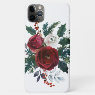 Capa Para iPhone 11 Pro Max Rosas brancas florais de Natal Red Burgundy