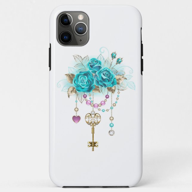 Capa Para iPhone 11 Pro Max Rosas Turquesas com Chaves (Verso)