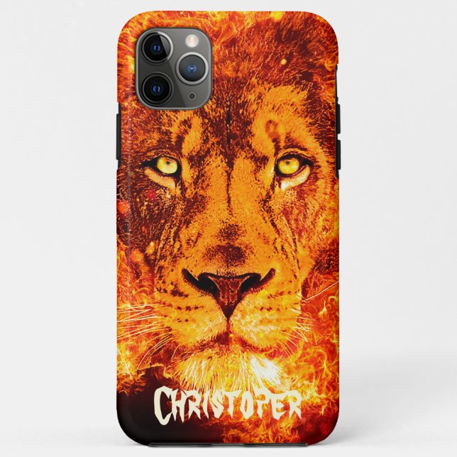 Capa Para iPhone 11 Pro Max Rosto de Leão Flaming Nomeado (Verso)