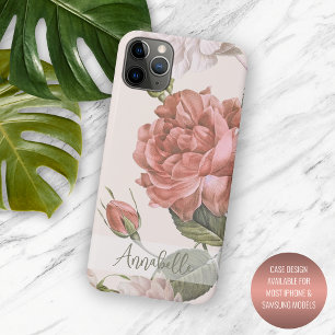 Capa Para iPhone 11 Pro Max Shabby Chic Rosa Bege Rosas Padrão Floral