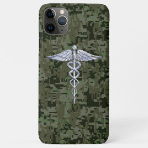 Capa Para iPhone 11 Pro Max Símbolo Caduceus Chrome Style na Camuflagem Verde