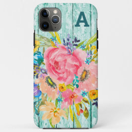 Capa Para iPhone 11 Pro Max Spray Floral de Rosa de Aquarela com Inicial