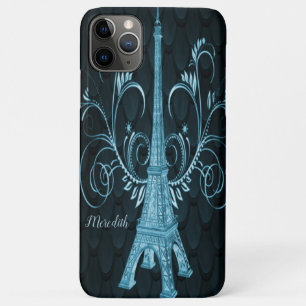 Capa Para iPhone 11 Pro Max Torre Eiffel Torre Blue Floral Swirings