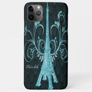 Capa Para iPhone 11 Pro Max Torre Eiffel Torre Teal Floral