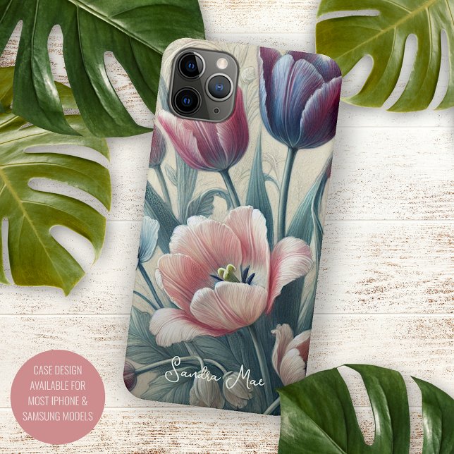 Capa Para iPhone 11 Pro Max Tulipas Clássico Chique Desenho Botânico de Arte F (Criador carregado)
