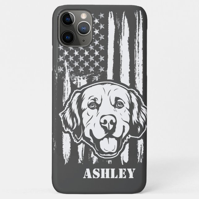 Capa Para iPhone 11 Pro Max US Patriot Ouro retriever USA Flag Dog Case (Verso)