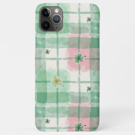 Capa Para iPhone 11 Pro Max Watercolor Green & Pink Plaid Lucky Clover