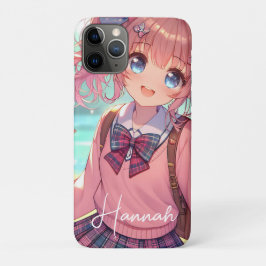 Capa Para iPhone 11 Pro Menina bonito de anime em rabo-de-porco rosa