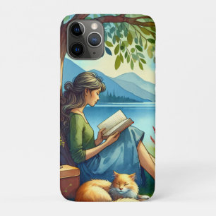 Capa Para iPhone 11 Pro Menina lendo um livro sob uma árvore com um gato s