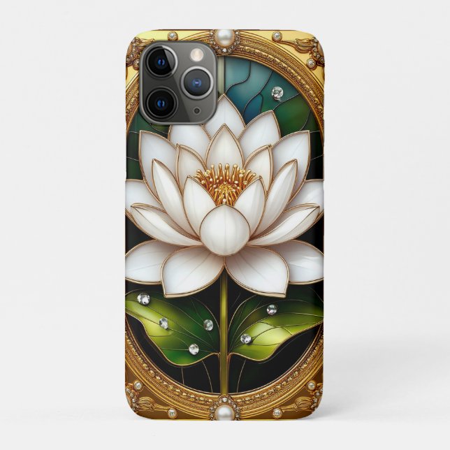 Capa Para iPhone 11 Pro Moldura Dourada Com Desenho Floral e Pérolas (Verso)