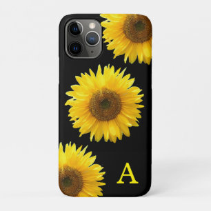 Capa Para iPhone 11 Pro Monograma & Belos Girassóis em Preto