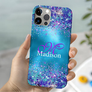 Capa Para iPhone 11 Pro Monograma brilhante iridescente azul Chic rosa