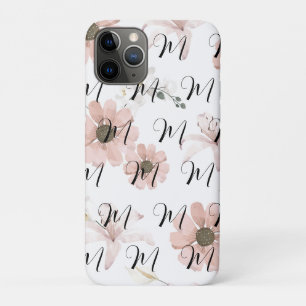 Capa Para iPhone 11 Pro Monograma de Arte de Flores Rosa em Aquarela