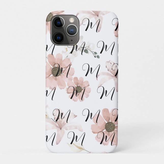Capa Para iPhone 11 Pro Monograma de Arte de Flores Rosa em Aquarela (Verso)