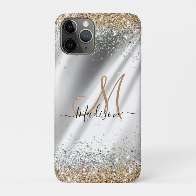 Capa Para iPhone 11 Pro Monograma de luz Dourada prateada máx. (Verso)