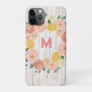 Capa Para iPhone 11 Pro Monograma de madeira envelhecida Rosa e Eucalipto
