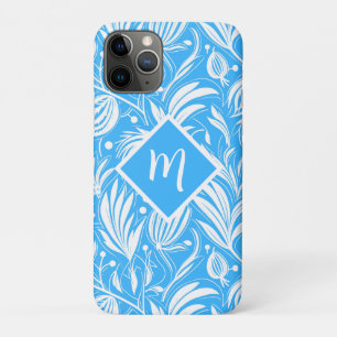 Capa Para iPhone 11 Pro Monograma de Padrão Floral Tropical Azul