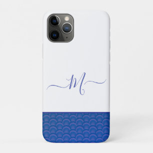 Capa Para iPhone 11 Pro Monograma de Seashell Branco Azul Costeiro Moderno