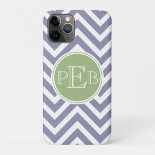Capa Para iPhone 11 Pro Monograma do Chevron Verde Silver Blue e Sage