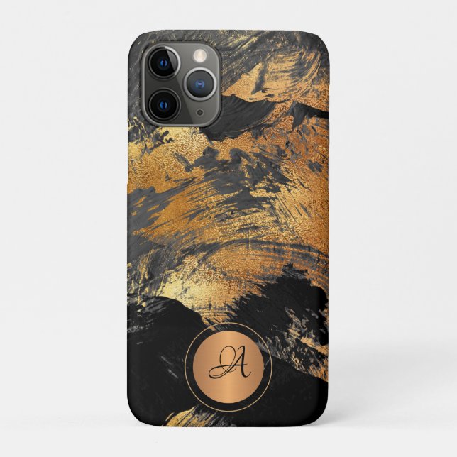 Capa Para iPhone 11 Pro Monograma Dourado de abstrato elegante preto brilh (Verso)