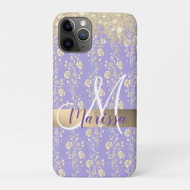 Capa Para iPhone 11 Pro Monograma Dourado Floral na Lavanda (Verso)
