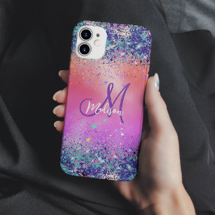 Capa Para iPhone 11 Pro Monograma falso brilhante iridescente laranja rosa