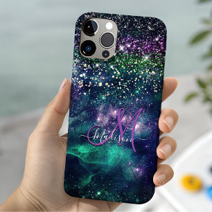 Capa Para iPhone 11 Pro Monograma falso brilhante roxo escuro fofo verde