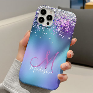 Capa Para iPhone 11 Pro Monograma falso brilhante roxo turquesa fofo