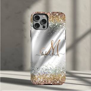 Capa Para iPhone 11 Pro Monograma falso brilho dourado prata Chic