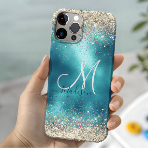 Capa Para iPhone 11 Pro Monograma falso cintilante dourado turquesa fofo