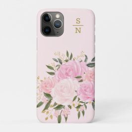 Capa Para iPhone 11 Pro Monograma Floral Botânico Dourado, Blush Feminino