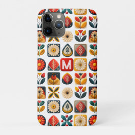 Capa Para iPhone 11 Pro Monograma Floral Personalizado Retro Folk