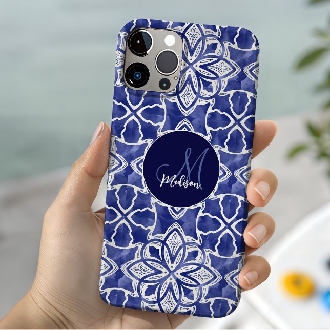 Capa Para iPhone 11 Pro Monograma Inicial Geométrica Azul Chic (Criador carregado)