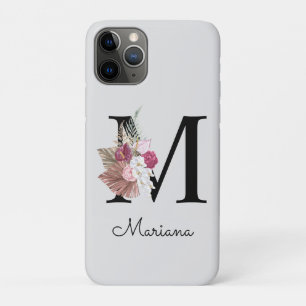 Capa Para iPhone 11 Pro Monograma Inicial M Rosa Boho Floral