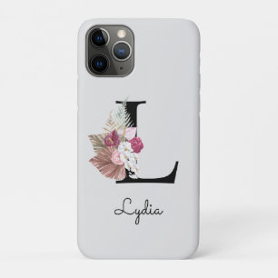 Capa Para iPhone 11 Pro Monograma Inicial M Rosa Boho Floral