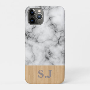 Capa Para iPhone 11 Pro Monograma Marble e Padrão de Madeira