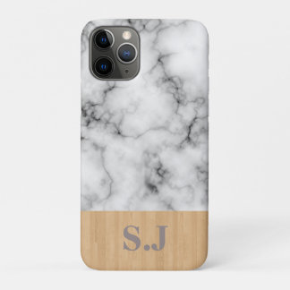 Capa Para iPhone 11 Pro Monograma Marble e Padrão de Madeira