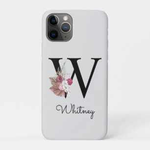 Capa Para iPhone 11 Pro Monograma Rosa Boho Floral Feminino Inicial W