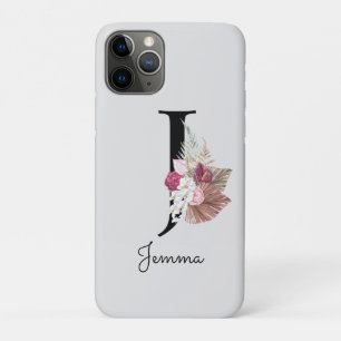 Capa Para iPhone 11 Pro Monograma Rosa Boho Girly Floral Inicial J